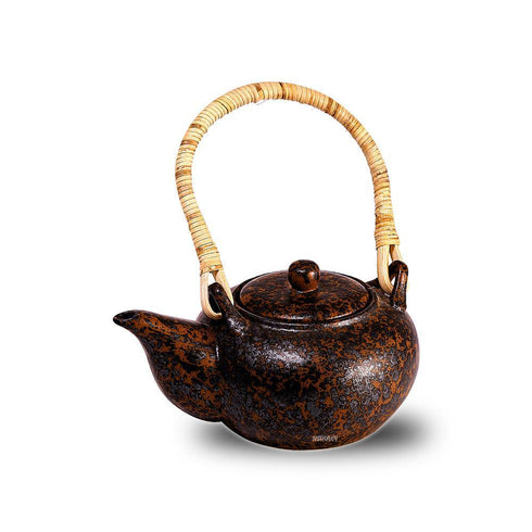 Ceramic Chinese Tea Pot Bamboo Hdl Copper Antique
